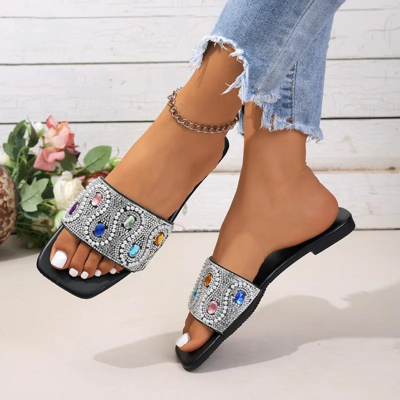 Women's Slippers Colorful Rhinestone Decor Sandals Summer Bling Zpaxo