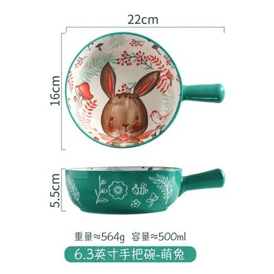 Japanese Cartoon Salad Ceramic Handle Bowl Noodles Bowl Cute Animal Pattern Handle Bowl Breakfast Creative Bureau Rice Bowl Zpaxo Green rabbit