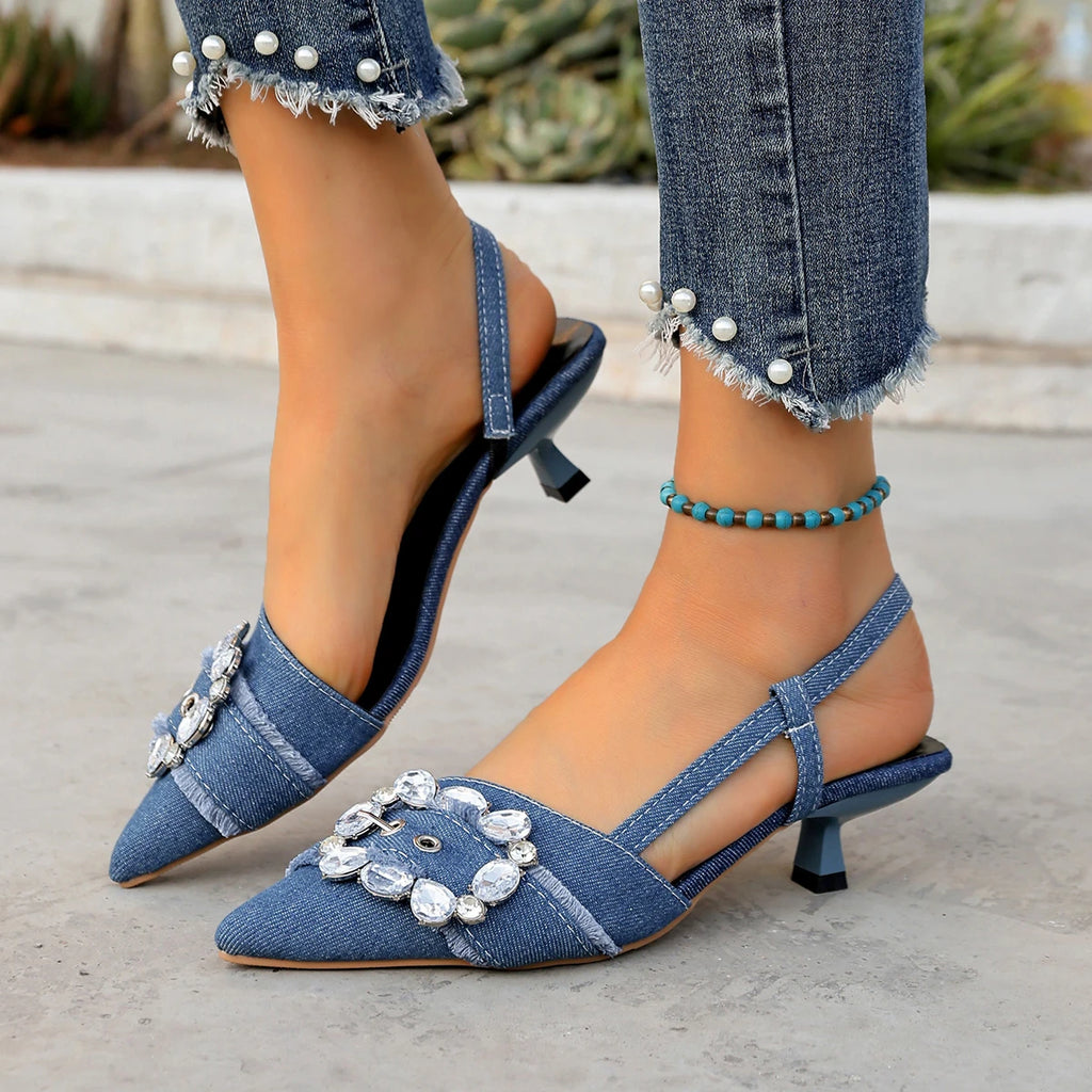 Women Sandals Pointed Toe Denim Sandals Elegant Rhinestone Dress Party Sandals Luxury Glitter Buckle Decoration Women Shoes Zpaxo