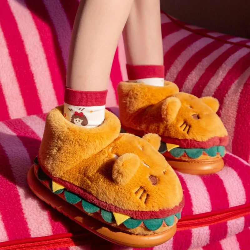 Cute Hamburger Fluffy Slippers Women Men High-top Winter Warm House