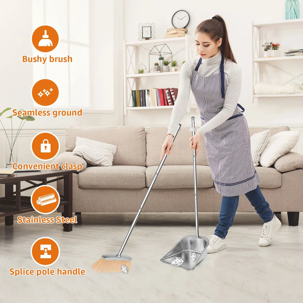 Broom and Dustpan Set Long Handle Upright Stainless Steel Dustpan Broom Set Portable Household Cleaning Tools for Home Office Zpaxo