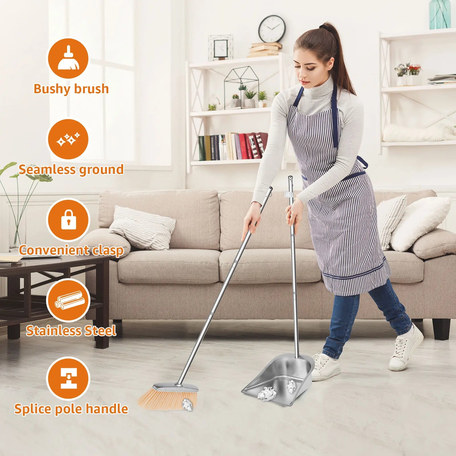 Broom and Dustpan Set Long Handle Upright Stainless Steel Dustpan Broom Set Portable Household Cleaning Tools for Home Office Zpaxo