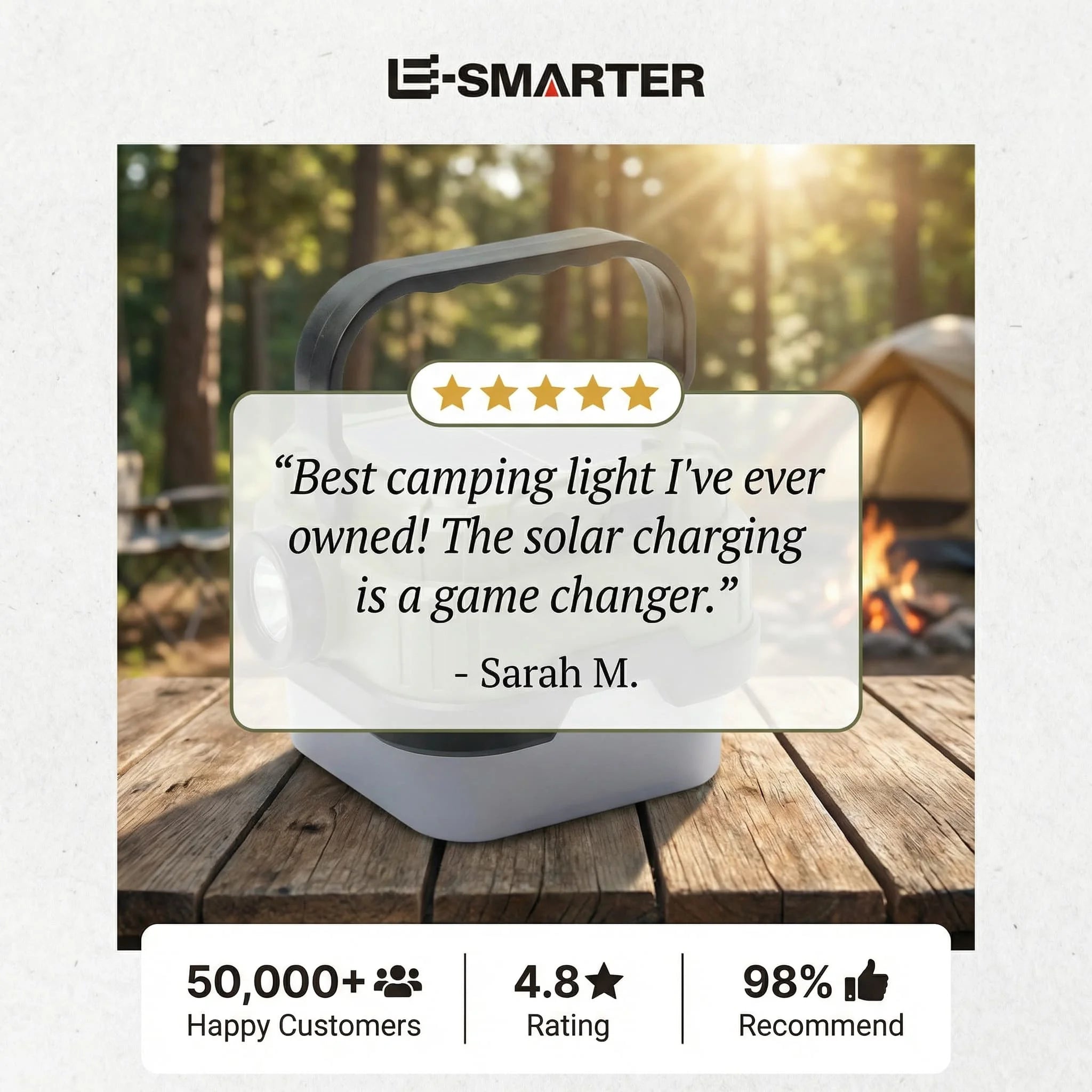 ESMARTER Solar Camping Lantern – 300LM LED, IPX4, USB Rechargeable