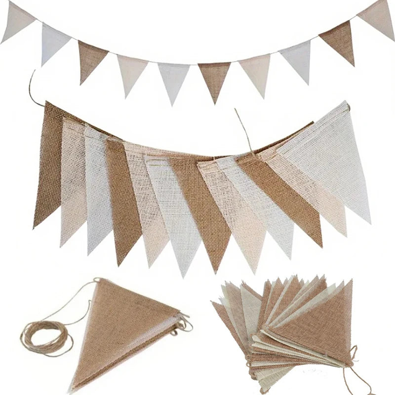 Birthday Linen Banner Burlap Triangles Flags Hanging Pennant