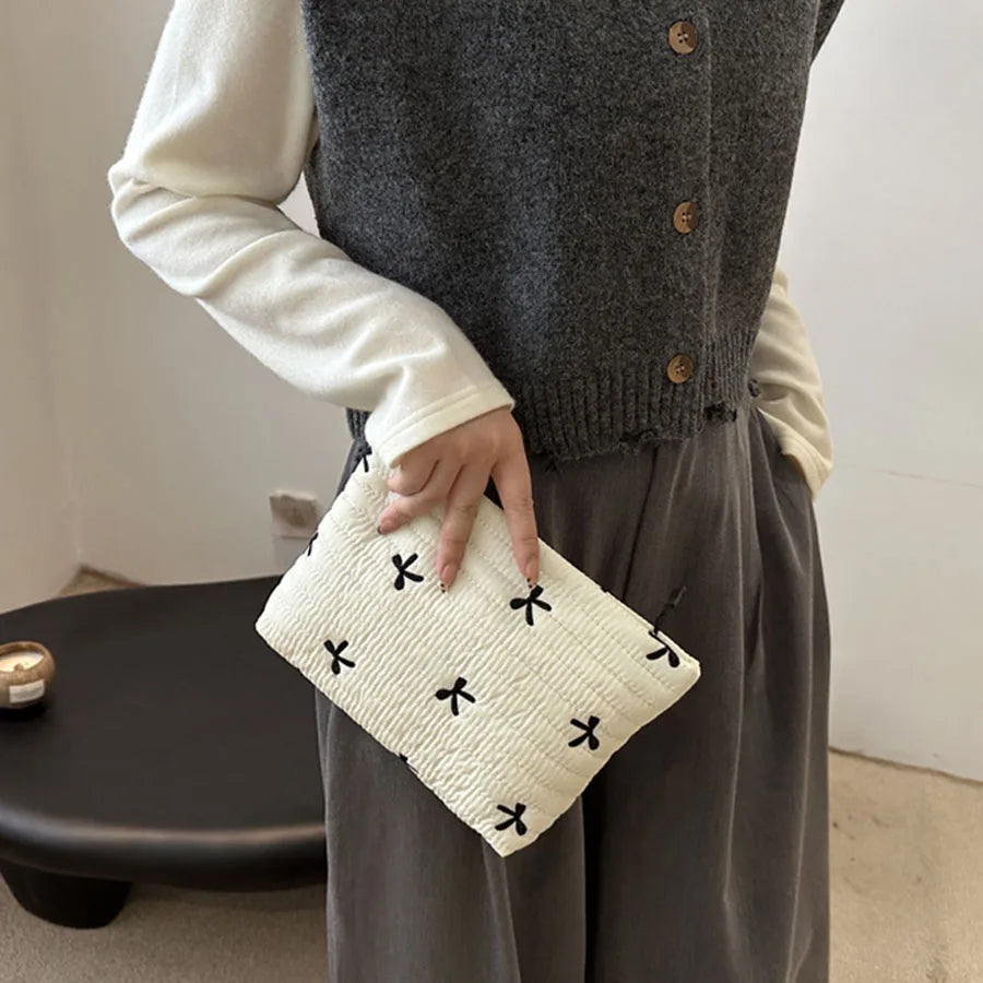 Cute Makeup Bag with Zipper Large Capacity Cosmetic Bag Embroidery Bow Wash Storage Bag Zpaxo