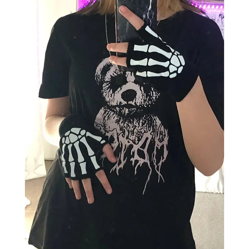 Glow-in-the-Dark Skeleton Fingerless Gloves – Unisex Halloween