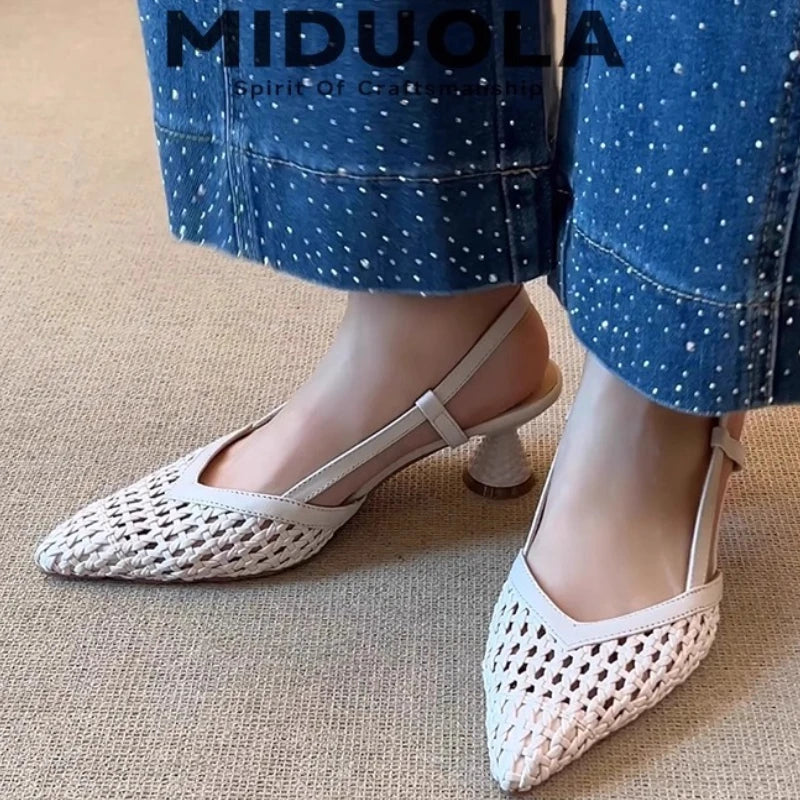 French Square-toed Woven High-heeled Sandals 2025 Summer Shoes