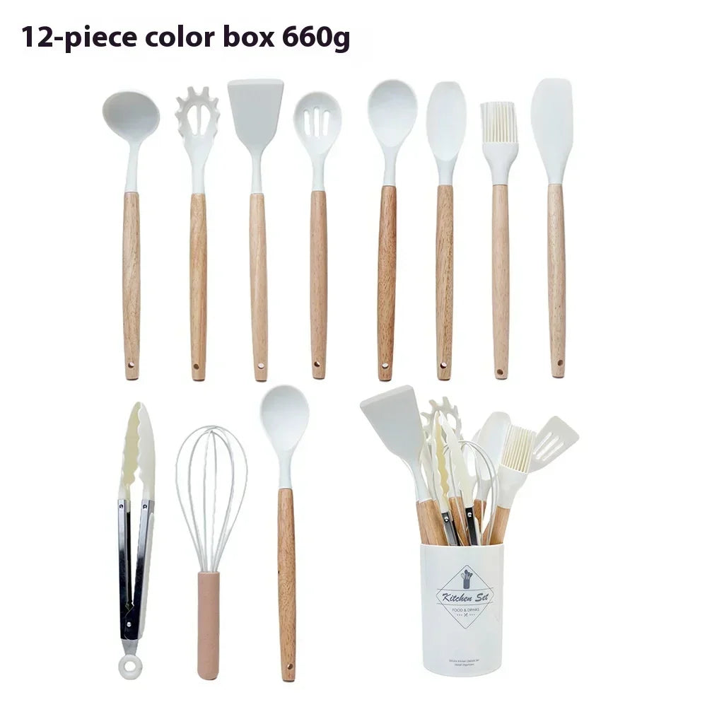 12-Piece Silicone Kitchen Utensils Set with Wooden Handles Cooking Utensil Set Zpaxo White 12Pcs