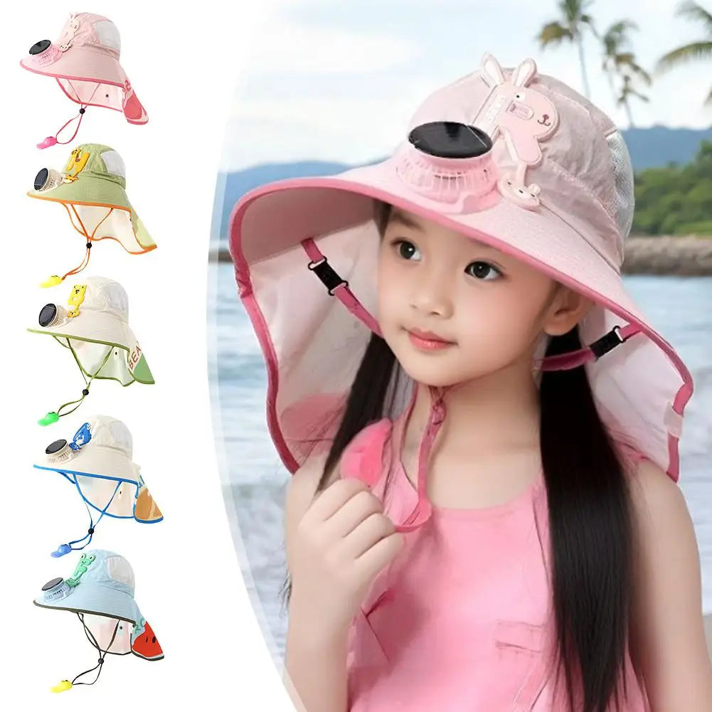 Kids Solar & USB Charging Fan Sun Hat Summer Breathable Mesh, Wide Brim UV Protection Sun Hat for Boys and Girls with Neck Cover Zpaxo