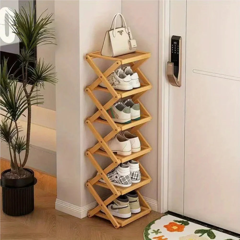 Bamboo Shoe Rack, Foldable Space Saving Shelves for Home and Bedroom - Interior Entry Storage Free Footed Shoe Narrow Shelf Zpaxo