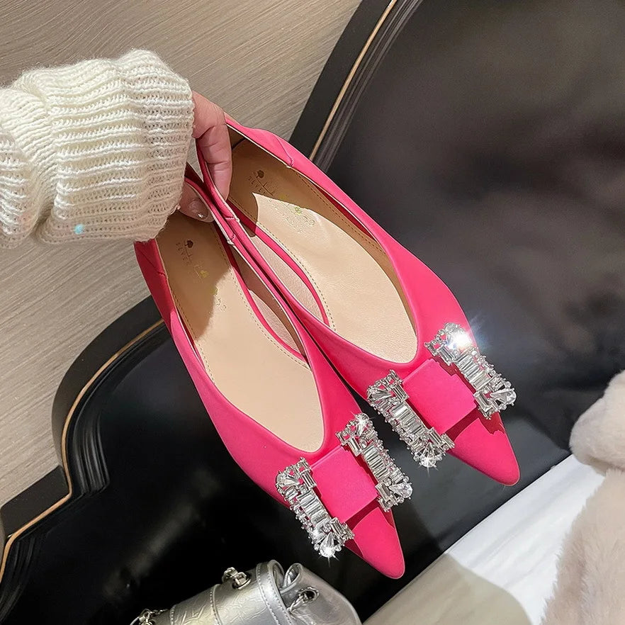 Flat Shoes for Women Spring and Autumn 2025 New Pointed Toe Metal Rhinestone Buckle and Satin Mouth Flat Heel for Women Zpaxo rose 41