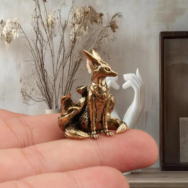 Copper Miniature Nine-tailed Fox Sculpture Brass Desk Accessory Zpaxo
