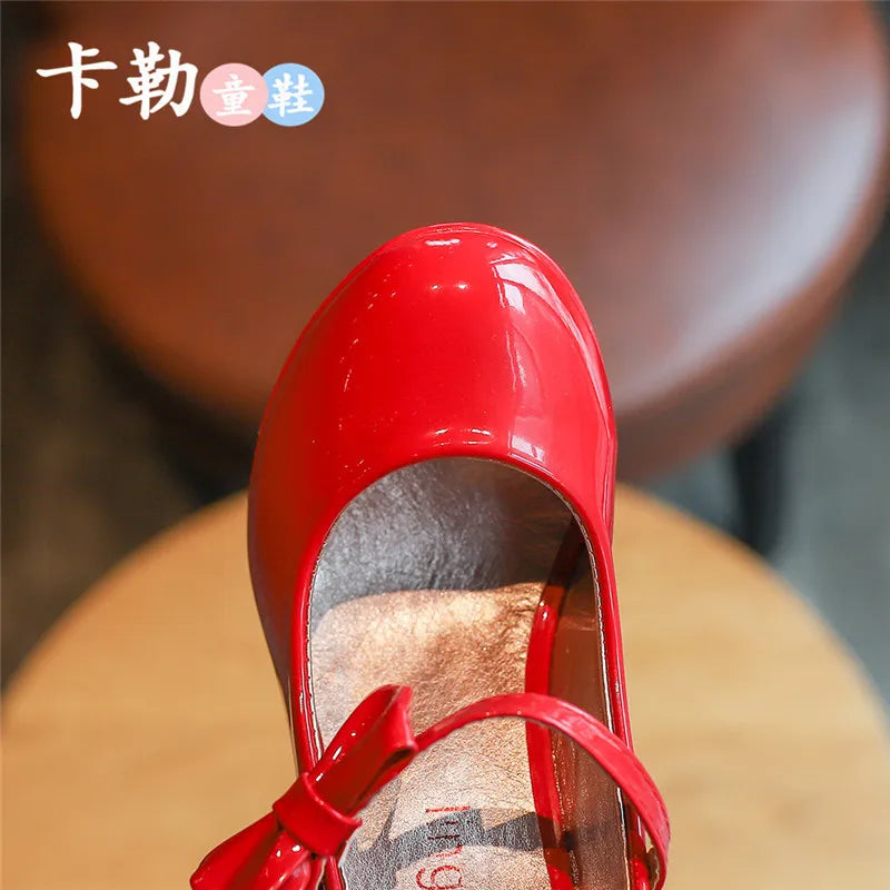 Girls Leather Shoes Autumn Bowtie Sandals 2023 Children Heels Zpaxo