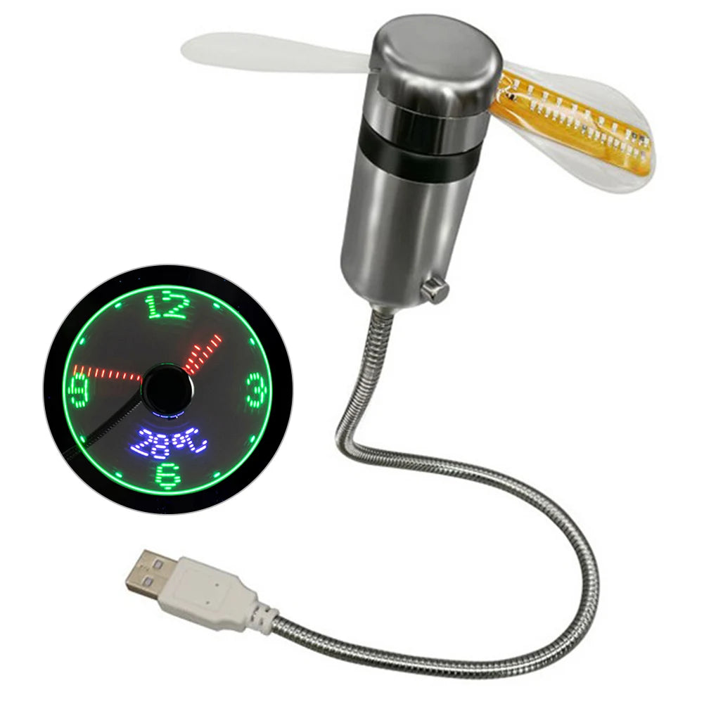 Clock Fans DC 5V Metal Mini Fan Portable Gadgets Cooling Flashing