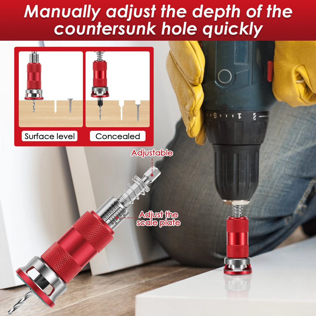 Premium Countersink Drill Set w/ Tool-Free Dial & Aluminum Alloy Stop Collar 2-Flute Steel Depth Adjustment for Woodworking, Fur Zpaxo