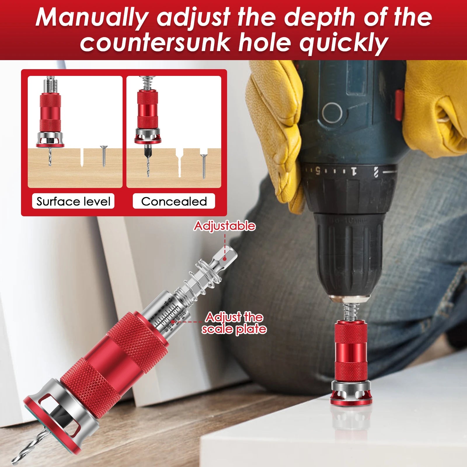 Premium Countersink Drill Set w/ Tool-Free Dial & Aluminum Alloy Stop Collar 2-Flute Steel Depth Adjustment for Woodworking, Fur Zpaxo