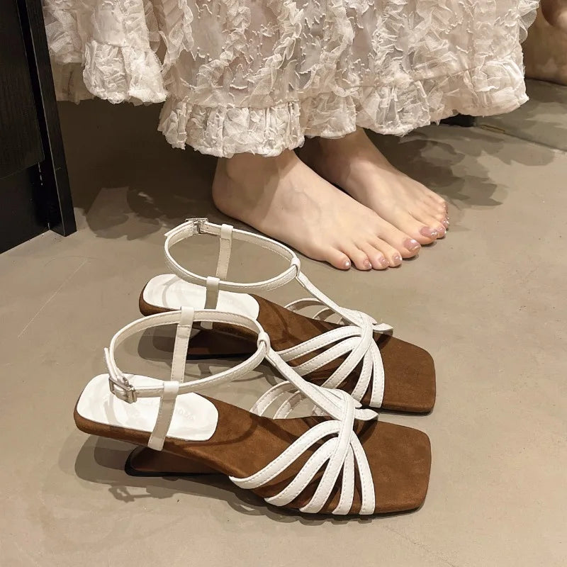 Square Open Toe Summer Women's Hollow Out Breathable Vintage Zpaxo Beige 35