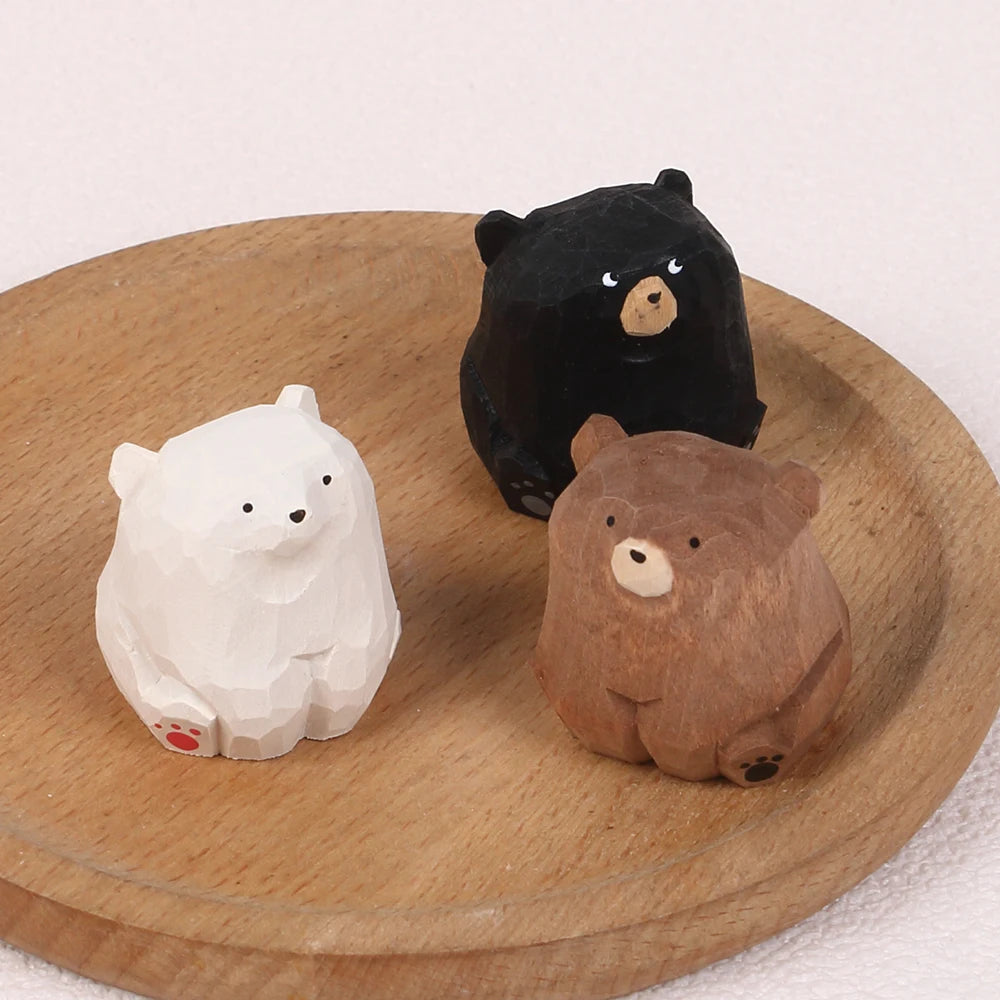 Mini Wooden Bear Figurine Handcrafted Miniature Polar Bear Animal Figurines Office Home Decor Art Carving Work Zpaxo