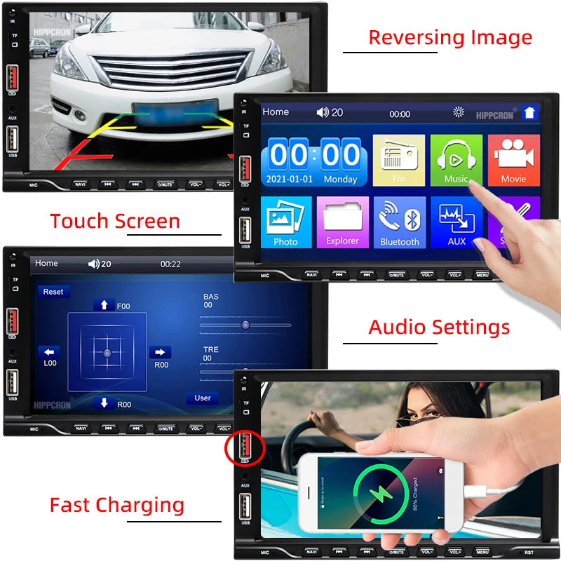 HIPPCRON 7-inch Car MP5 Player Wired Carplay Android Auto FM Radio HD