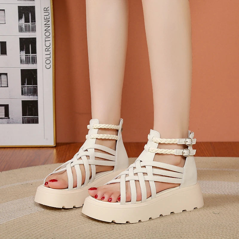 2026 Women's Round Open Toe Hollow Out Double Buckle Strap Back Zpaxo
