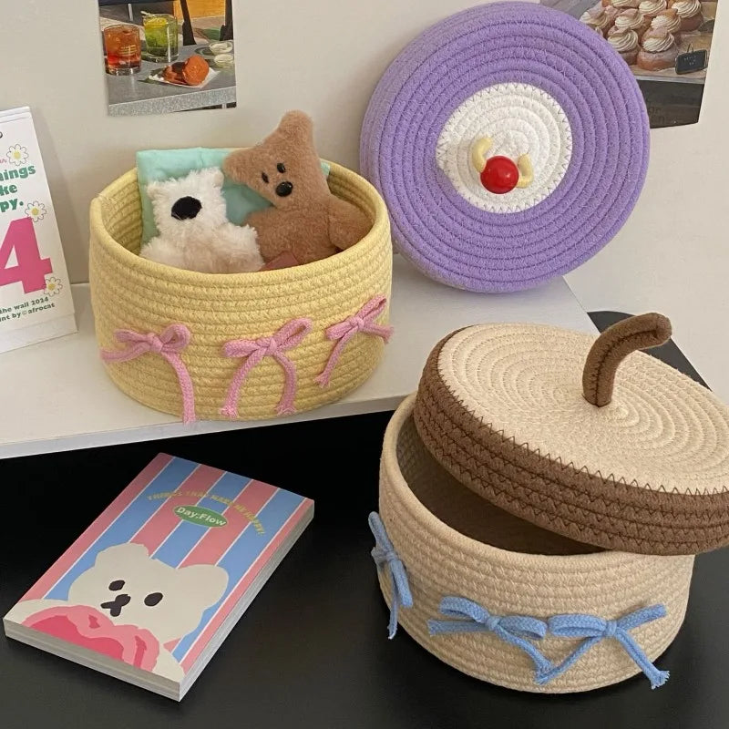 Cotton Rope Woven Storage Basket with Lid – Desktop Organizer Woven Storage Basket Zpaxo