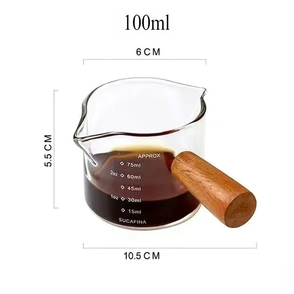 Glass Milk Pot Wooden Handle & Graduated Scale | Espresso Cup Glass Milk Pot Zpaxo