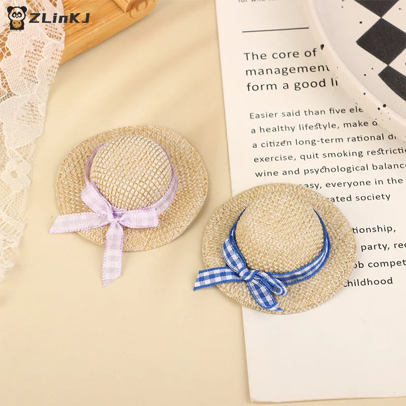 ▶2Pcs Miniature Handmade Style Straw Hat Mini Sun Cap Ribbon With Bow for Doll Decor Accessories Doll House Photo Props Zpaxo