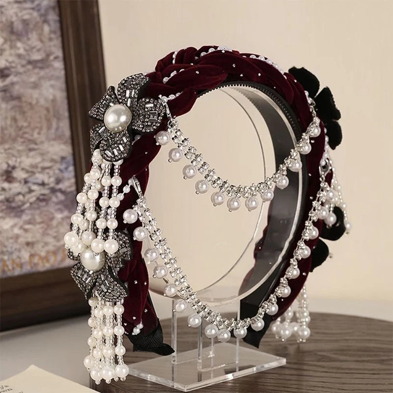 Elegant Women's Hair Hoop Detachable Pearl Tassel Flower Detailing Zpaxo Wine red