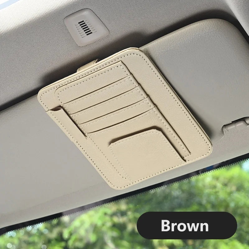 Multi Functional ID Storage Clip Car Sun Visor Small Card Bag Glasses Zpaxo Brown