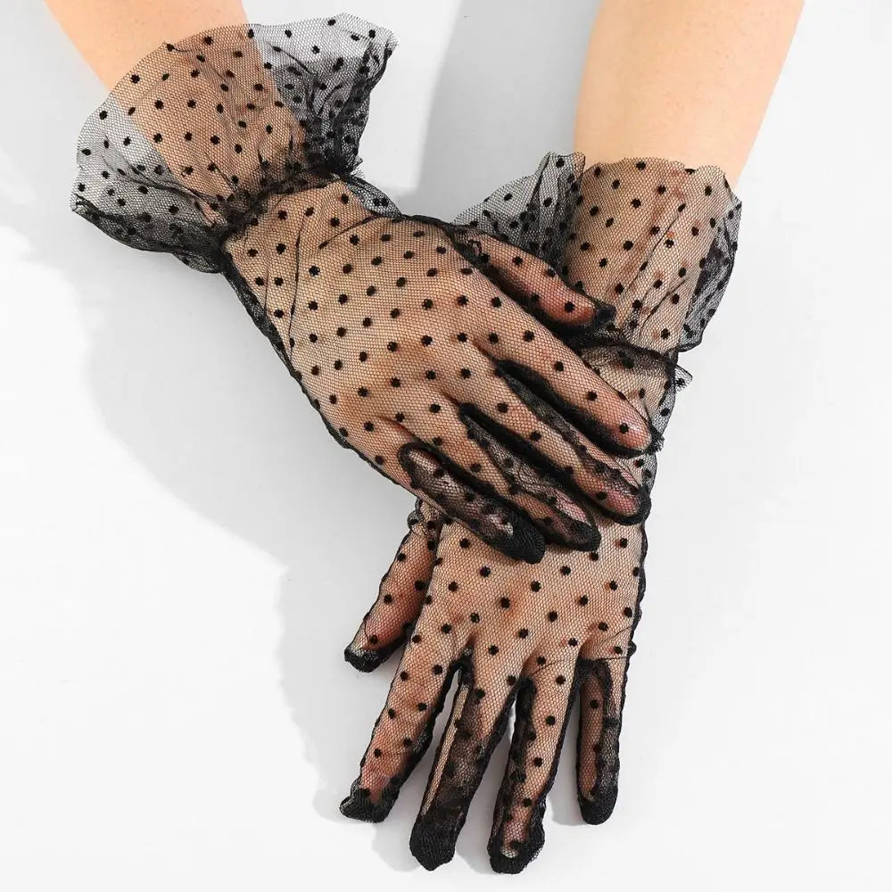 Fashion Ultra Thin Tulle Polka Dot Gloves Full Finger Breathable Lace Mesh Gloves Transparent Wedding Party Mittens UV Sunscreen Zpaxo