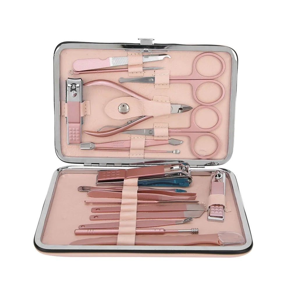 18PCS Stainless Steel Nail Clippers Set Rose Gold PU Leather Case Nail Art Tool Set Portable Cuticle Clippers Kit Zpaxo