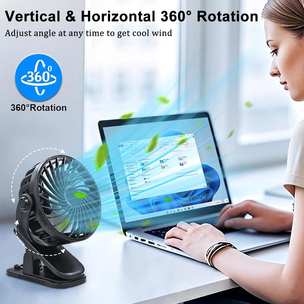 Portable Clip Fan Mini Baby Stroller USB Rechargeable Desk 360 Rotate