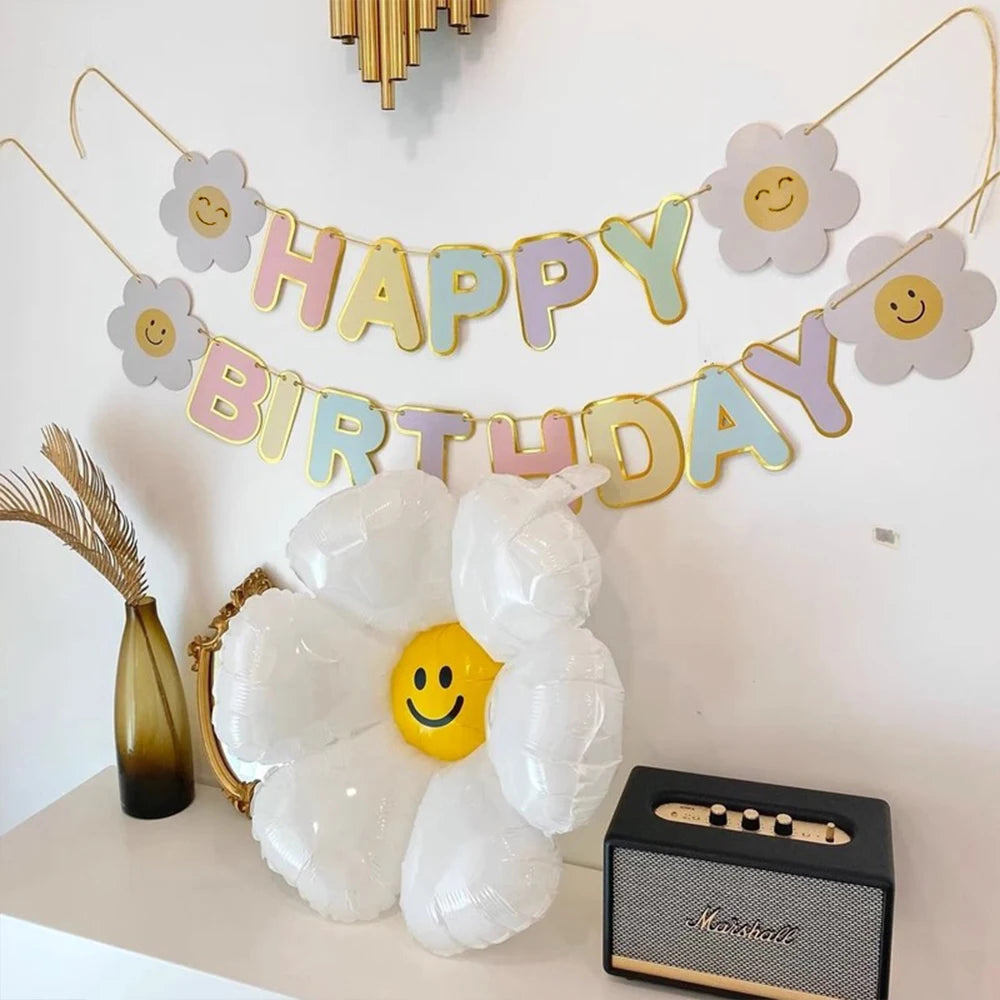 Birthday Hanging Banner Flower Daisy Smiling Face Fairy Princess Castle Banners for Girls Boys Adults Birthday Party Decoration Zpaxo