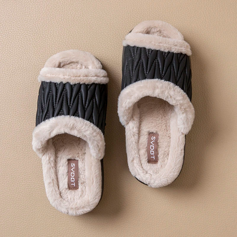 Winter Quilted Furry Open Toe Slippers Unisex Men Women Thick Sole