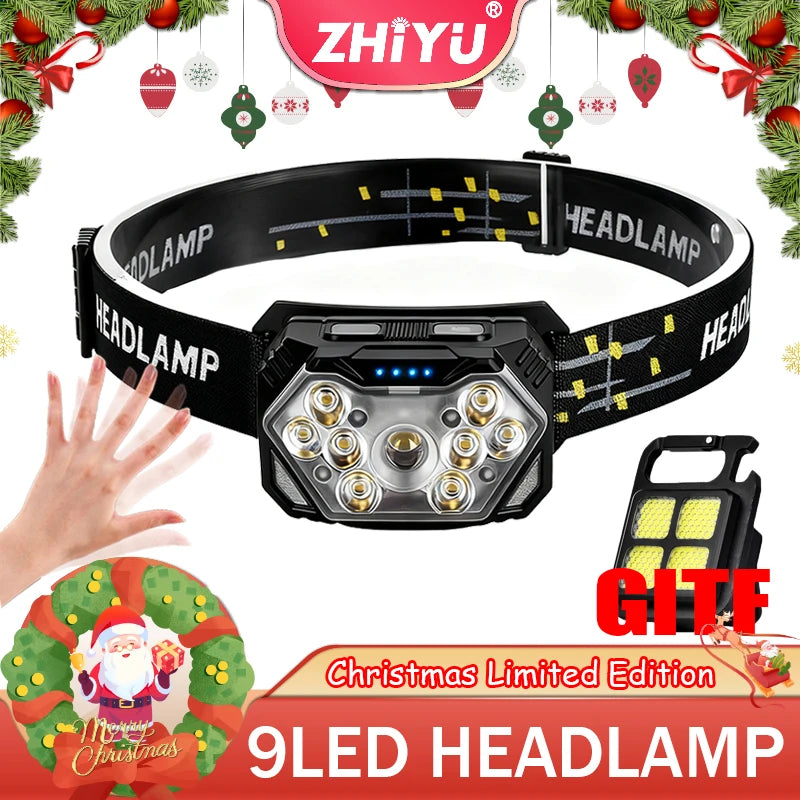 9 LED USB-C Rechargeable Headlamp – Motion Sensor & 6 Modes LED Headlamp Zpaxo