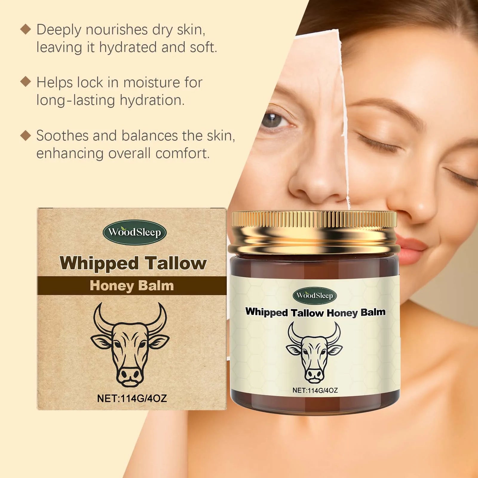 Whipped Tallow Honey Balm Moisturizer Deep Nourishment Lock Hydration Soothes Skin Boosts Elasticity Firming Lifting Face Cream Zpaxo