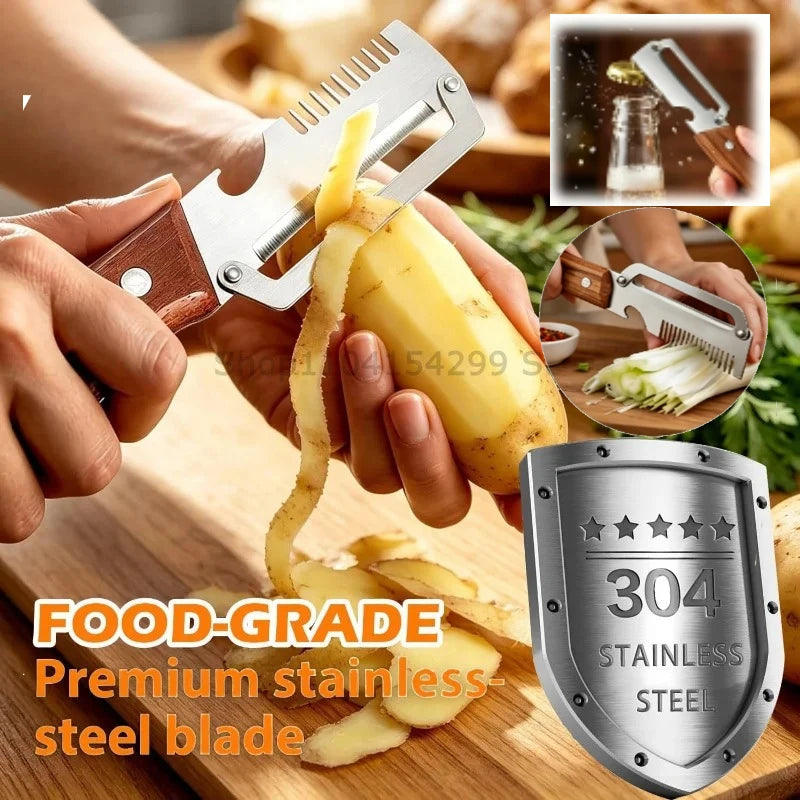 New Paring Knife Ergonomic Wood Handle Knife Stainless Steel Vegetable Peeler with Wooden Handle 2-in-1 Fruit Potato Peeler Zpaxo