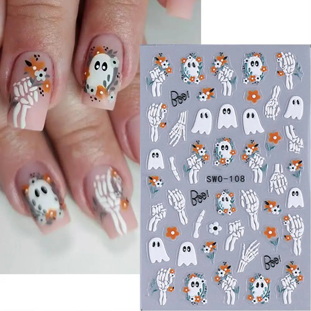 1pcs Halloween Nail Stickers Pumpkin Ghost Spider Skull Design Cute Adhesive Slider Decals DIY Manicure Decor Zpaxo