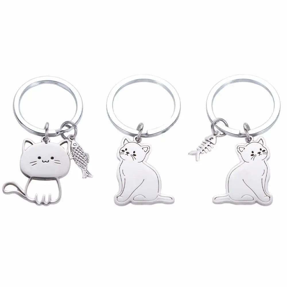 Lovely Stainless Steel Cat Fish Keychain Key Holder Pendant Cat Key Ring Animal Cartoon Kittens Keychain Valentine's Day Gift Zpaxo