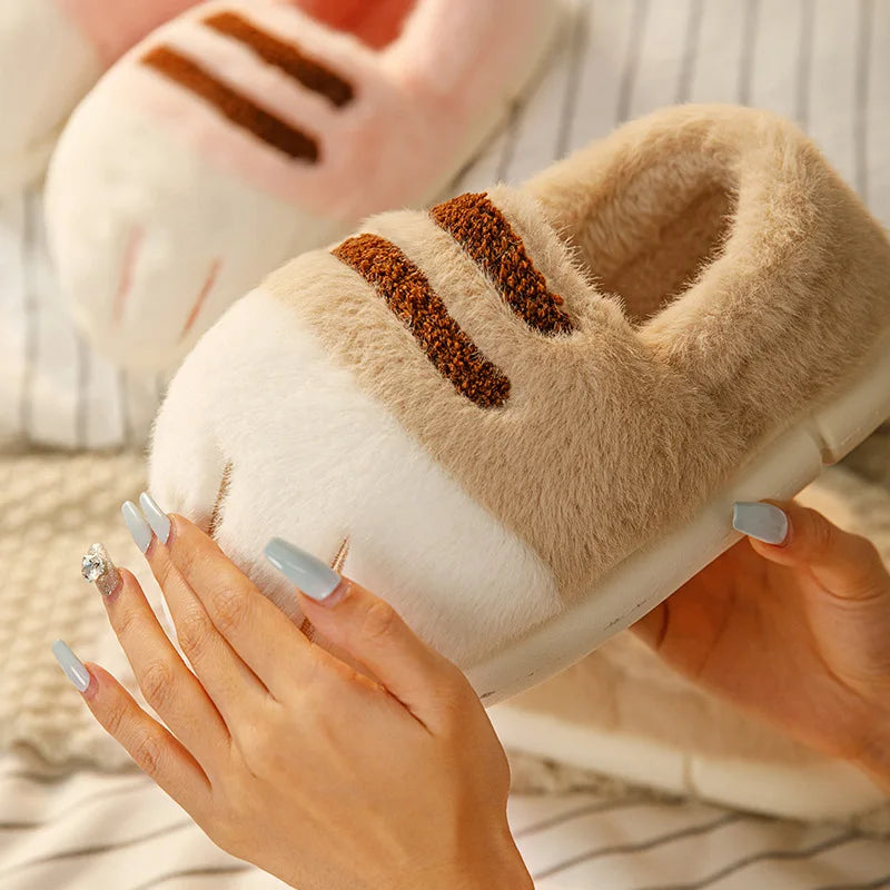 Winter Warm Cat Paw Slippers Plush Furry Loafers Closed Heel Women