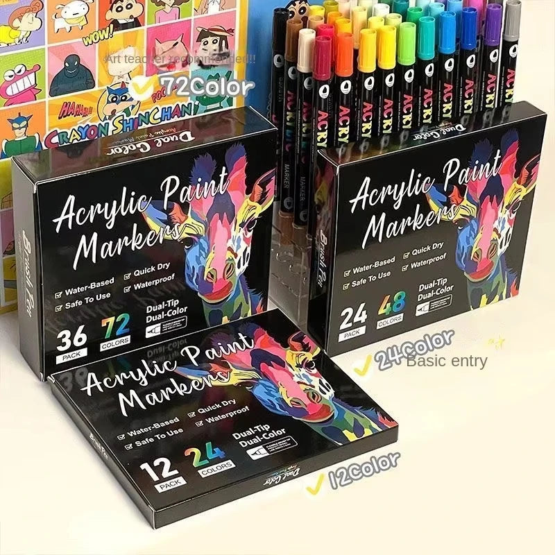 Professional Art Use 48-Color Acrylic Paint Markers, Dual-Tip Fine and Brush Tip Pens, Suitable for Stone, Wood, Calligraphy Zpaxo