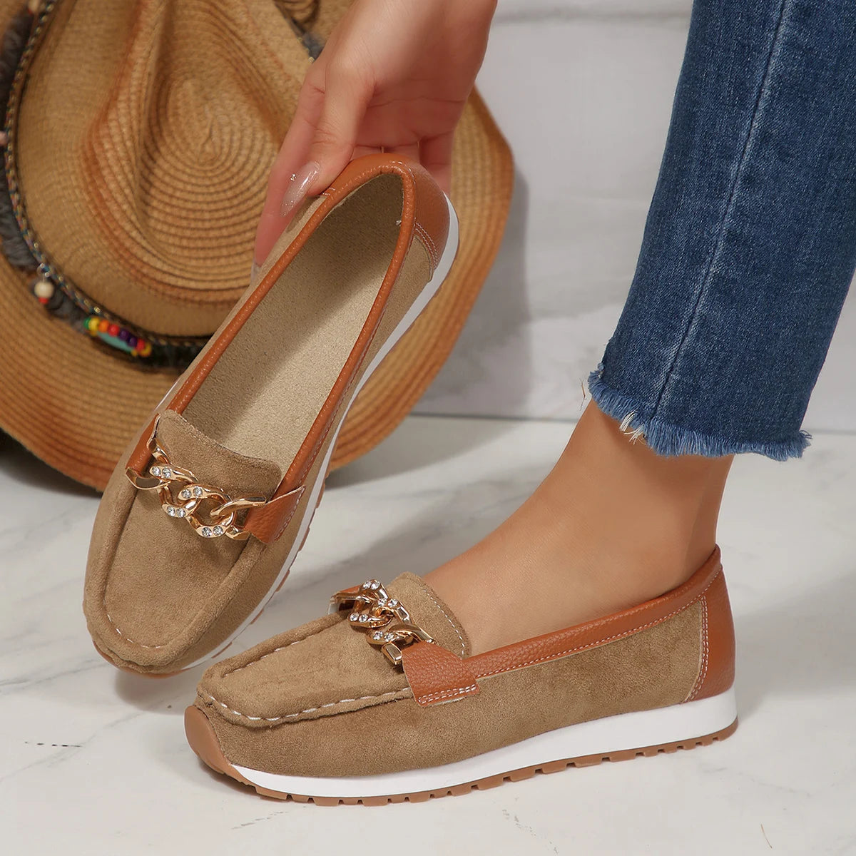 2025 New Women Loafers Large Size Thick Bottom Shoes Round Toe Rubber Outsole Sneakers Casual Metal Chain Sport Shoes for Women Zpaxo Khaki 36
