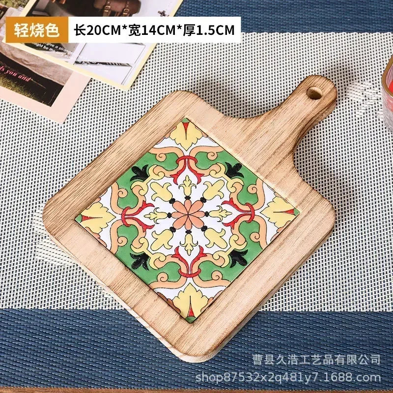 Hot Japanese Restaurant Retro Solid Wood Tile Handle Pot Pad Wooden Anti Scald Plate Pad Household Casserole Insulation Wood Pad Zpaxo 06 20 14 1.5cm