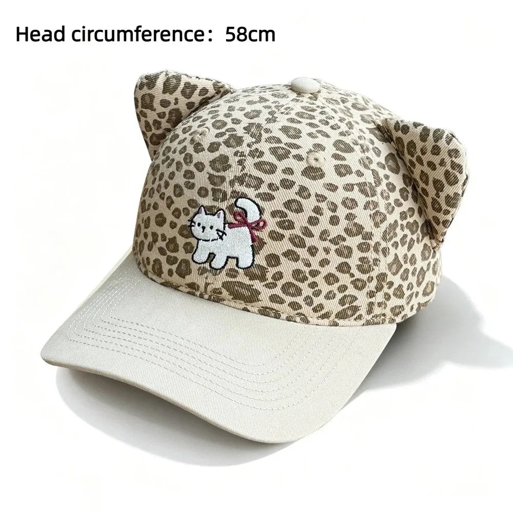 Cute Adjustable Baseball Cap Leopard Print Cartoon Embroidery Duckbill Hat Cat Ear Sun Protection Hat Spring Zpaxo