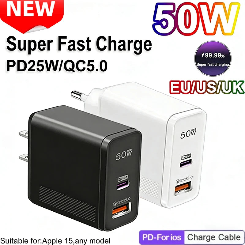 50W Dual Port USB C Fast Charger Samsung Xiaomi Huawei Iphone Oneplus