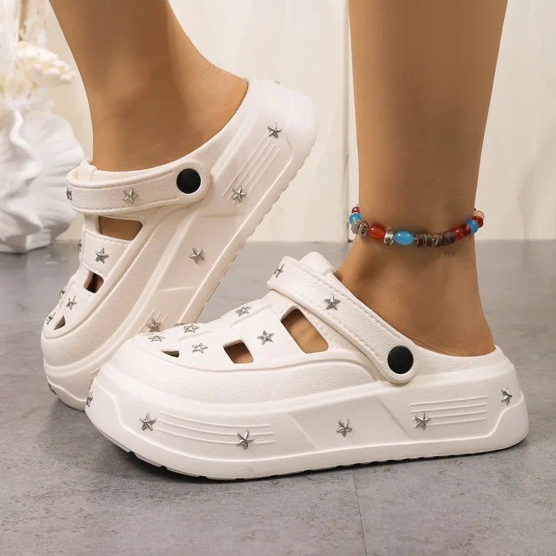 Women's Round Closed Toe Solid Hollow Out Breathable Heel Slippers Zpaxo