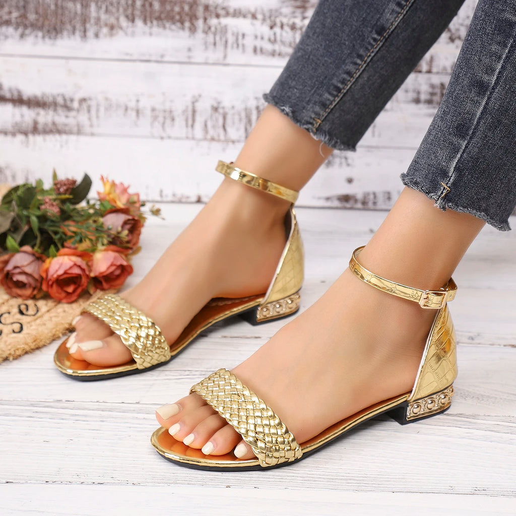 Women Sandals 2026 New Woven Band Thick Heel Shoes for Women Plus Size Ankle Buckle Casual Shoes Woman Comfy High Heels Sandals Zpaxo