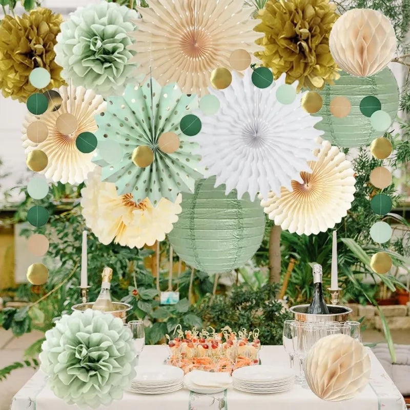 Sage Green Paper Lantern Fans Pom Poms Flowers Hanging Decorations