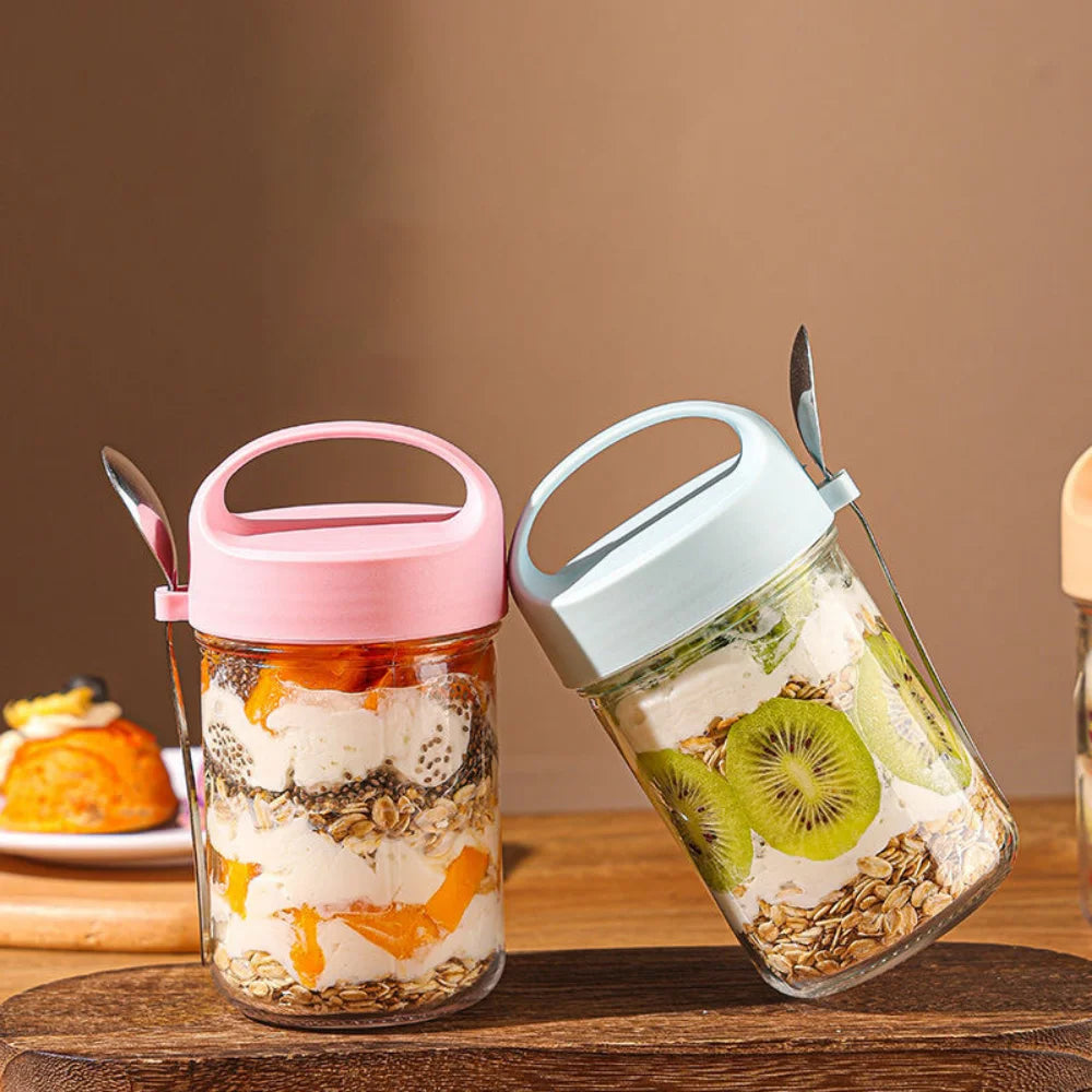 16-Ounce Portable Glass Breakfast Mason Jar, Plastic Overnight Oat Jar with Lid and Spoon, Reusable Zpaxo