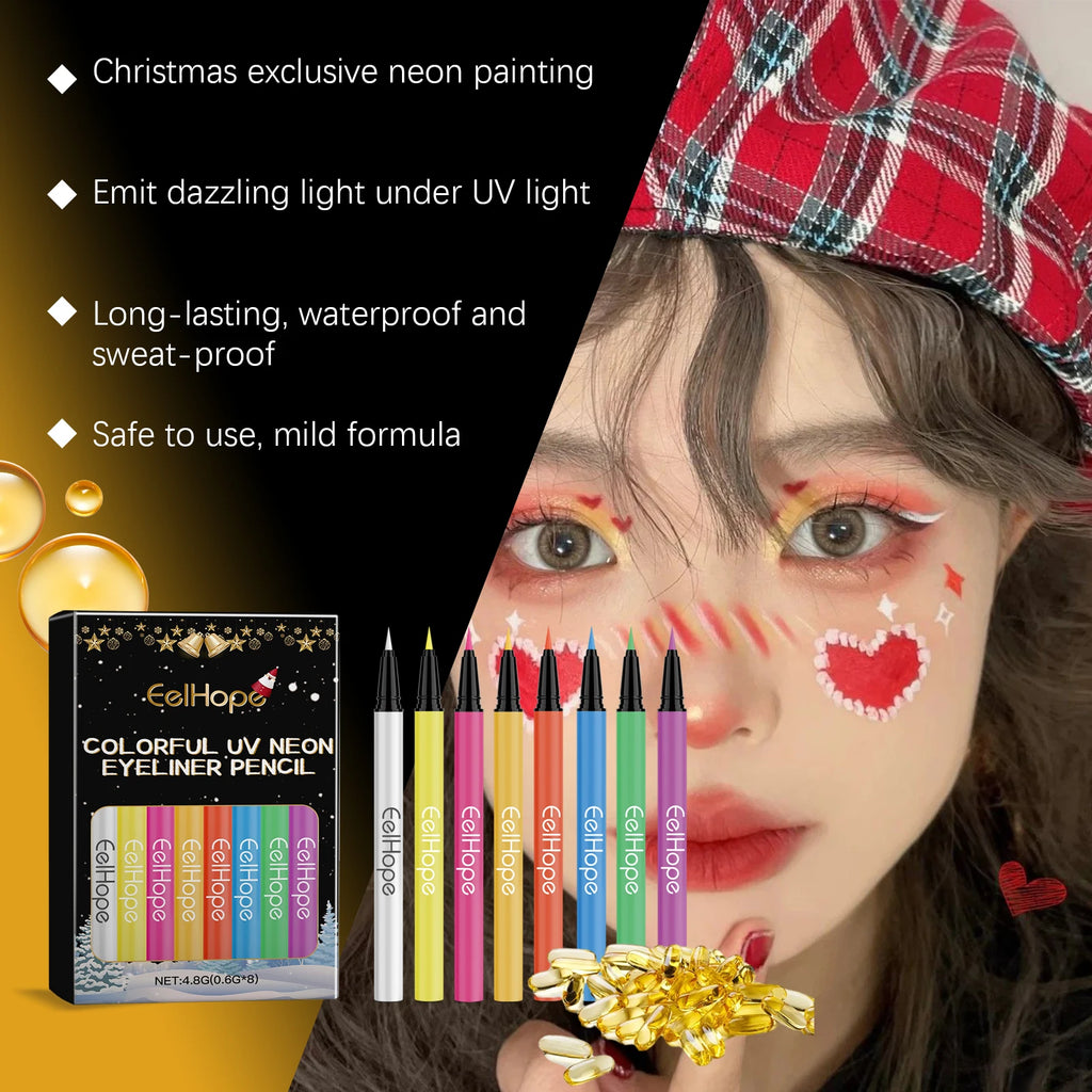 8 Color Christmas Neon UV Luminous Eyeliner Pen Set Glitter Makeup Eye Liner Pencil Tool Waterproof Sweatproof Body Face Makeup Zpaxo
